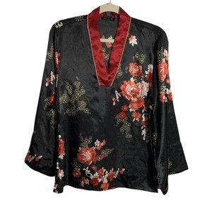 Jones New York Women's Size Small Vintage Floral Satin Long Sleeve Kimono Blouse